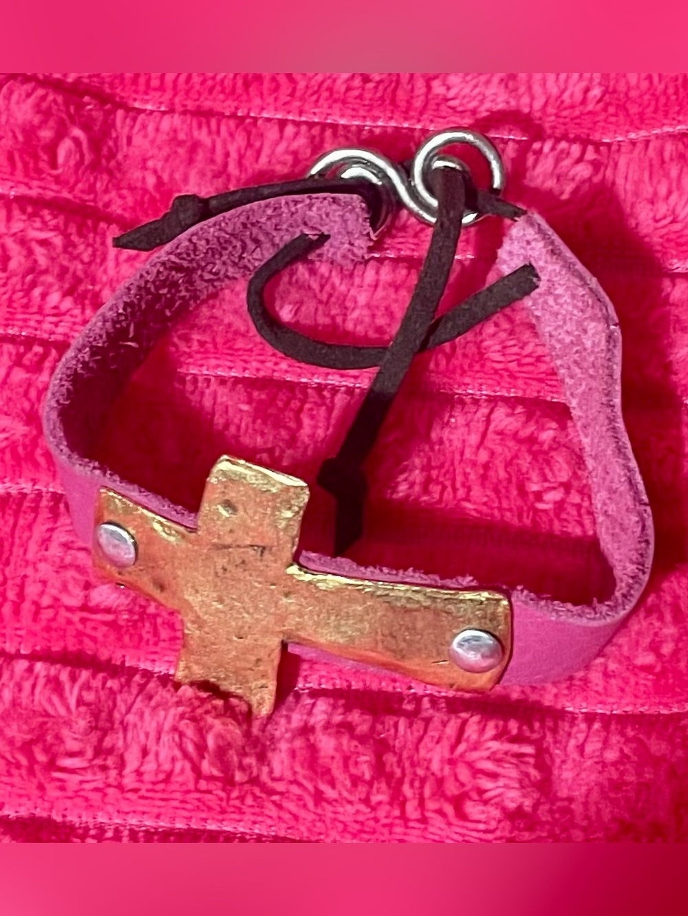 Pink Suede Bracelet with Gold Cross Accent